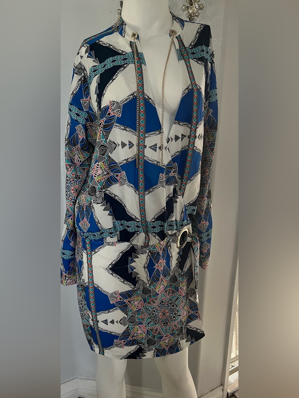 Marciano Blue and White Geometric Long-Sleeve Dress